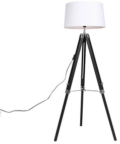 Lampa podłogowa czarna klosz lniany biały 45 cm - TripodPrzemysłowy Oswietlenie wewnetrzne