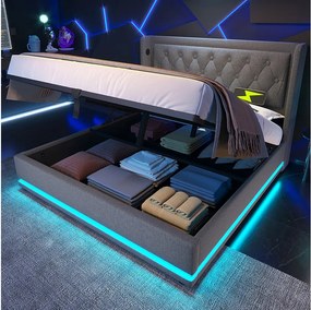 Łóżko ze schowkiem 180 x 200 cm, szara bawełna, z diodą LED i portem USB, bez materaca