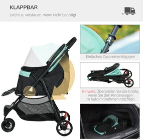 PawHut Wózek dla zwierząt domowych, składany, z osłoną przeciwdeszczową, 2 uchwyty na napoje, Niebieski + Zielony