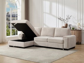 Kanapa narożna lewostronna rozkładana z tkaniny teksturowanej w kolorze beżowym EMBAPO