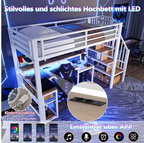 Łóżko piętrowe dla dzieci - 90 x 200 cm - rama żeliwna - z półką + drabinka + diody LED + biurko + port USB - metalowe - białe