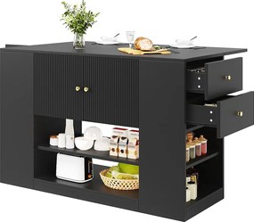 Wyspa kuchenna - Blat rozsuwany - 2 szuflady i 3 drzwi - Z otwartymi półkami - MDF - czarny