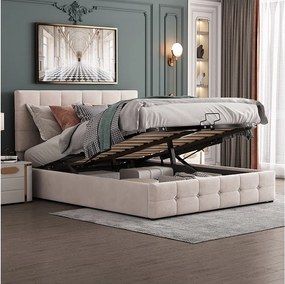 Łóżko 140 x 200 cm z pojemnikiem - Łóżko podwójne z regulowanym zagłówkiem - biały aksamit - bez materaca