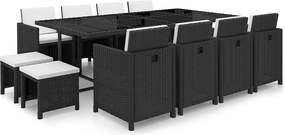 13-częściowy zestaw obiadowy do użytku na zewnątrz z czarnymi poduszkami z wikliny PE