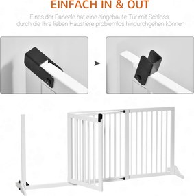 PawHut Bramka Zabezpieczająca Drewniana do Drzwi Bariera dla Psów Biała Sosnowa Konfigurowalna 113-166x36x71cm | Aosom PL