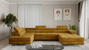 Duża sofa narożna z regulowanymi zagłówkami i pojemnikiem na pościel, złoty/musztardowy, Aspen U, lewy