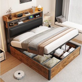 Łóżko 140 x 200 cm z pojemnikiem - Łóżko podwójne z zagłówkiem z funkcją ładowania USB i schowkiem - Czarne drewno