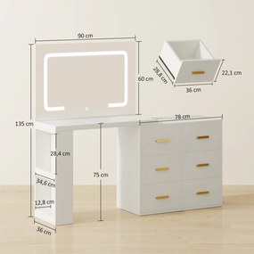 HOMCOM Toaletka z regulowanym lustrem LED, gniazdka, 6 szuflad, 2 otwarte półki, biały