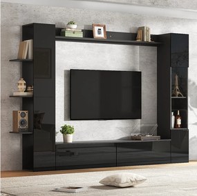Zestaw mebli TV do salonu - Witryna, meble TV, otwarte półki - Błyszczące wykończenie - MDF - Czarny