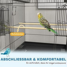 PawHut Mobilna klatka dla kanarków i falistych, z dolną półką, metalowa siatka, Czarna