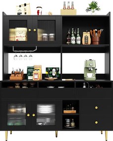 Wysoka komoda kuchenna - 145 x 39 x 171 cm - z 4 drzwiami szklanymi + 5 szufladami - MDF - biała