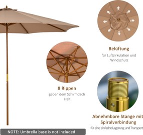 Outsunny Parasol ogrodowy z drewna 300 cm, Parasol na balkon z bambusa, Khaki
