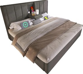Tapicerowane łóżko z pojemnikiem 180x200cm - z ukrytym schowkiem na kubki - z portami USB i Type-C - z stelażem lamelowym - Len - Szary (bez materaca)