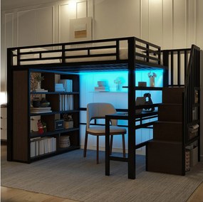 Łóżko piętrowe dla dzieci - 140 x 200 cm - rama żeliwna - z biurkiem + regałem + oświetleniem LED + drabinką - metalowe - czarne