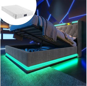 Łóżko z pojemnikiem 140x200 cm - z zagłówkiem ze schowkiem, USB/Typ-C, oświetleniem LED, stelażem - szary len - materac w cenie