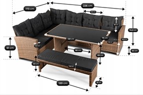 Narożnik ogrodowy technorattan Solvio ze stołem i ławką, jasnobrązowy, poduszki czarne