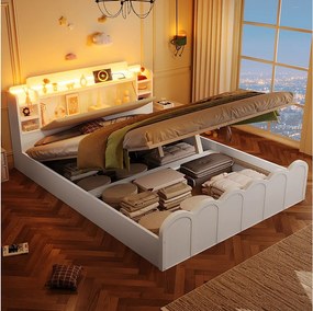 Łóżko hydrauliczne ze schowkiem - 140 x 200 cm - z USB + LED + otwierany zagłówek ze schowkiem - drewno - białe