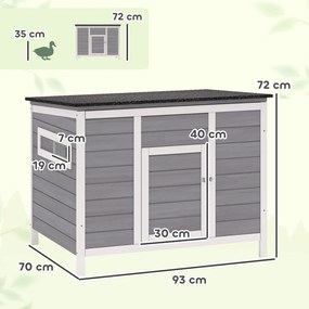 PawHut Domek dla kaczek odporny na warunki atmosferyczne z drewna z wyjmowanym spodem, przesuwanymi oknami, otwieranym dachem asfaltowym, 93x70x72cm, szary | Aosom PL