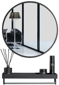 Czarne okrągłe lustro 80 cm z półką do łazienki - Traves