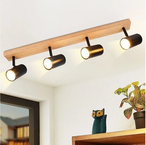 NETTLIFE Reflektor sufitowy 4 płomienie czarna drewniana lampa sufitowa GU10 regulowany 350° vintage