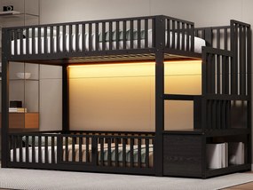 Łóżko piętrowe metalowe 90x200 cm - z drabiną z pojemnikami - barierka bezpieczeństwa - MDF - Czarny​ (Materac nie jest wliczony w cenę)