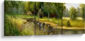 Obraz - Rzeka przy lesie, obraz olejny (z zegarem) (90x30 cm)