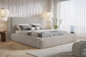 Łóżko dwuosobowe 160x200 Karano z lamówką - pojemnik i stelaż drewniany - boucle, jasny szary (Catch Me 24)