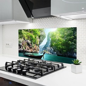 Szkło do Kuchni na Ścianę Łódka Na Górskim Jeziorem