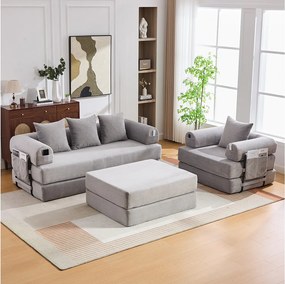 Modułowy zestaw wypoczynkowy 4-osobowy - 200 x 190 x 67 cm - z 4 poduszkami + 1 fotel - sztruks - jasnoszary
