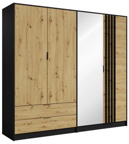 Szafa 4-drzwiowa z 2 szufladami - Z lustrem - szer. 220 cm - Czarny i naturalny - TUNALO