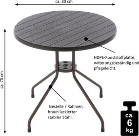 Stół balkonowy okrągły 80 cm, stalowy, brązowy blat