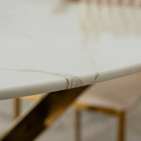 Stół Okrągły Szklany BALI 100 cm Biały Marmur/Złoty Glamour