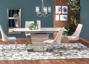 Beżowy stół Sorbus rozkładany 140–180 cm – prostokątny MDF lakierowany i szkło, styl glamour stalowa podstawa