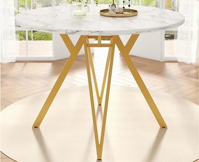 Okrągły stół jadalniany - Metalowa rama - Okleina o wzorze marmuru - Dla 4 osób - MDF - Biały i Złoty