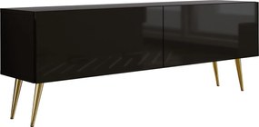 Szafka RTV: czarny matowy/czarny błyszczący, złote nogi, 140 x 52 x 32 cm