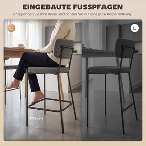 HOMCOM Hokery w zestawie 2, tapicerowane stołki barowe z wyprofilowanym oparciem, do wyspy kuchennej, strefy śniadaniowej, Szary | Aosom PL