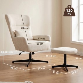 HOMCOM Obrotowy fotel lounge 360° z podnóżkiem, regulacja wysokości, obicie chenille, z poduszką lędźwiową, kremowo-biały | Aosom PL