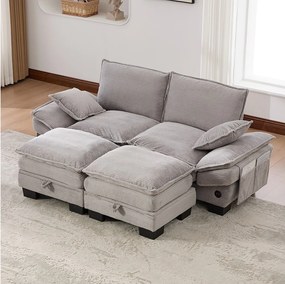 Zestaw wypoczynkowy z tkaniny sztruksowej, 2-osobowy - 190 x 132 x 84 cm - z 2 pufami ze schowkiem + port USB + kieszenie - jasnoszary