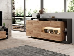 Komoda 4-drzwiowa z 4 wnękami i oświetleniem LED - Naturalny jasny i Antracytowy - IDESIA