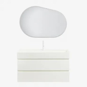 Zestaw Wiszących Mebli Łazienkowych Z Drewna I Forniru Jesionowego Zintegrowany Z Umywalką Ona Biała & Owalna Lampa Led I Przeciwmgielna 100x80 Cm Rib