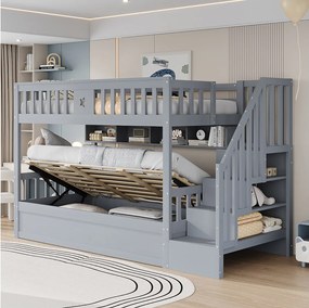 Łóżko piętrowe młodzieżowe - 90 x 200 cm - schowek hydrauliczny + schody do przechowywania + półki - drewno - szare