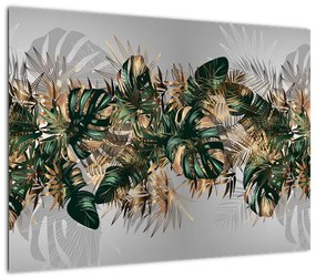 Obraz na szkle - Złoto - zielone tropikalne liście (70x50 cm)