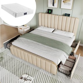 Łóżko dla dorosłych 160x200 cm - z zagłówkiem, USB/Typ-C, 4 szufladami, stelażem - beżowy len - materac w cenie