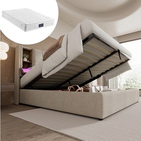 Łóżko 140x200 cm z pojemnikiem na pościel - z zagłówkiem i schowkiem, USB i typ C, stelaż - len - naturalny - materac wliczony w cenę