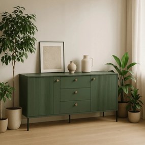 Komoda do Salonu Sypialni SOFT 154 cm Zielona Ryflowana Dwudrzwiowa z Szufladami Nowoczesna