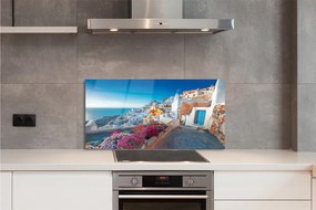 Szkło do Kuchni na Ścianę Biała Architektura i Kwiaty Grecji