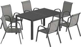Outsunny Zestaw mebli ogrodowych 7-cz. grupa wypoczynkowa stół z 6 oddychającymi krzesłami układanymi w stos, wzór lameli Jasnoszary | Aosom PL