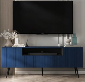 Szafka RTV z 3 drzwiami i wnęką – Korpus granatowy mat, fronty ryflowane granatowy mat – 150 cm, czarne nogi