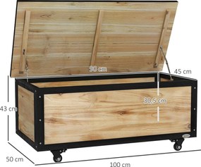 Outsunny Drewniana Skrzynia Ogrodowa 121L na Poduszki z Kółkami Odporna na Warunki Atmosferyczne Naturalny Kolor do Balkonu Tarasu | Aosom PL
