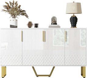 Komoda niska o wysokim połysku - 140 x 40 x 80 cm - z 4 drzwiami - uchwyty i nóżki metalowe - MDF - biała